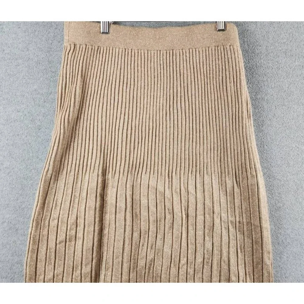 T Tahari Metallic Pleated Pull-On Midi Skirt Women's M Gold Ribbed Elastic Waist